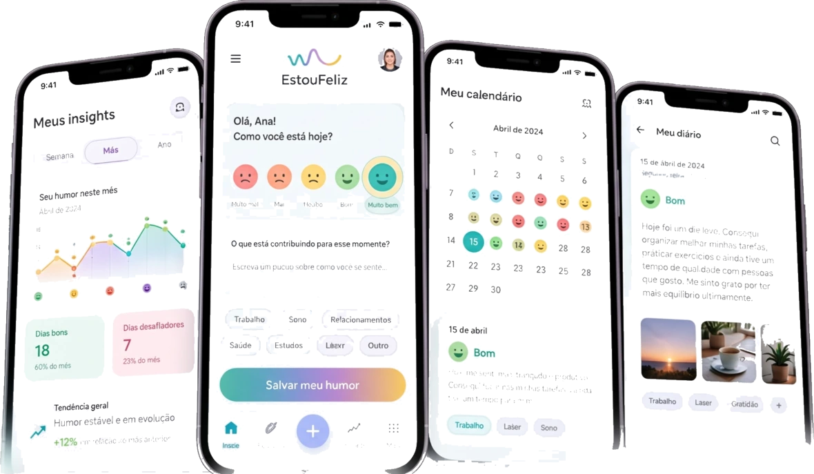 Quatro telas do EstouFeliz em celulares: insights, registro, calendário e diário